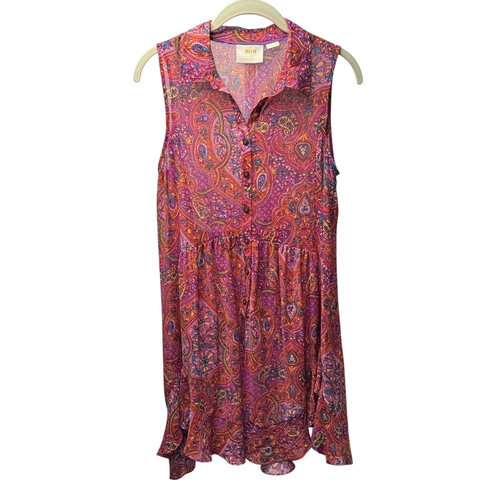 Maeve by Anthropologie Pink Paisley Sleeveless Button Down Ruffle Tunic Top 4